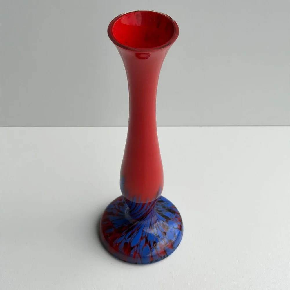 Vintage‎ Hand Blown Glass Bud Vase Red Blue Splatter Swirl Mid Century Retro